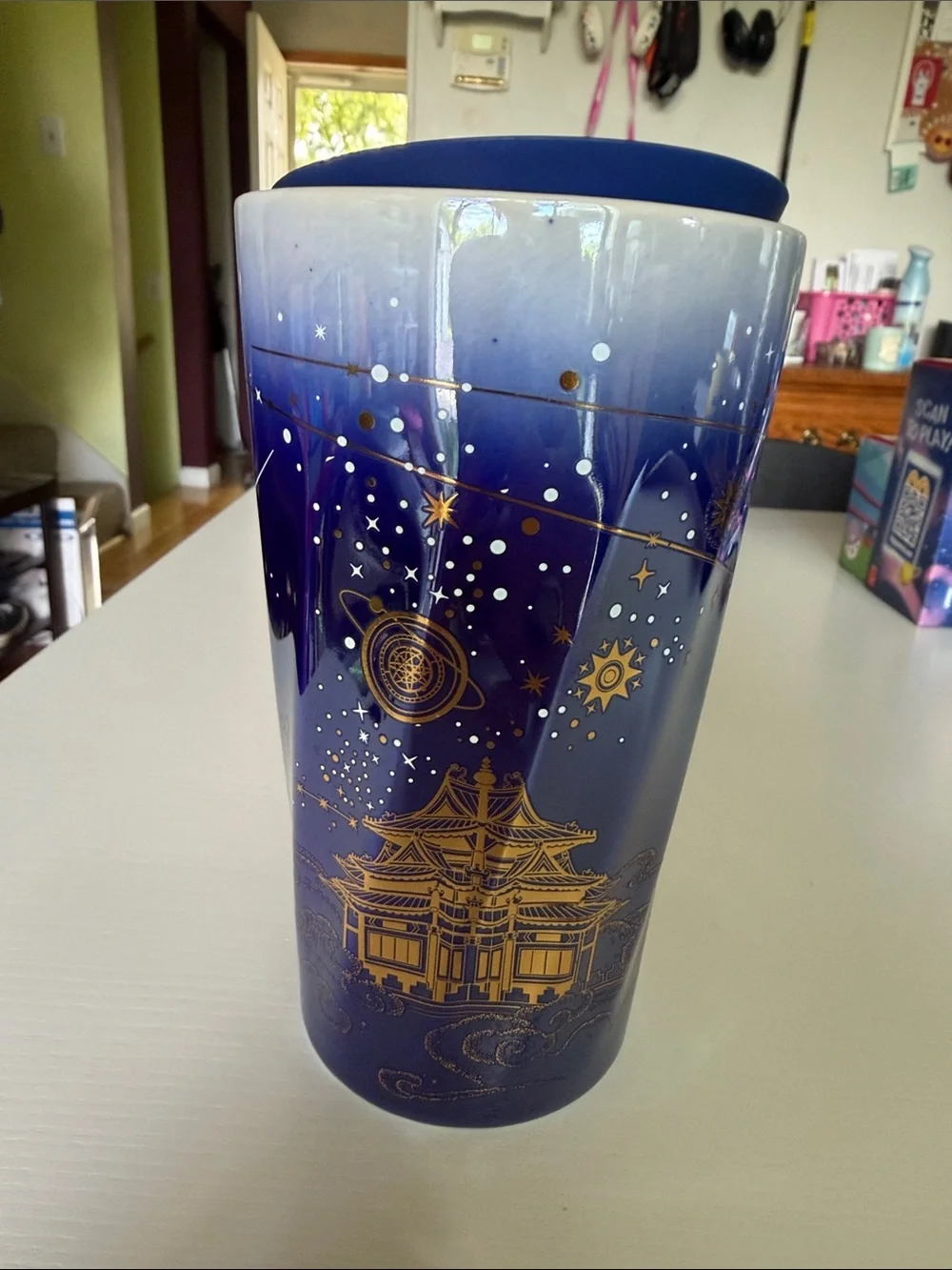 Galaxy Pagoda Travel Tumbler - Blue & Gold